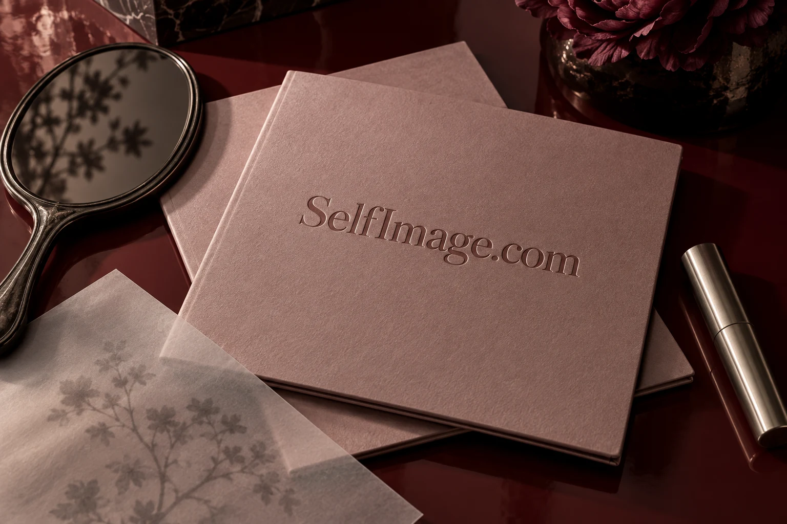 SelfImage.com lettered on an editorial folio beside a mirror